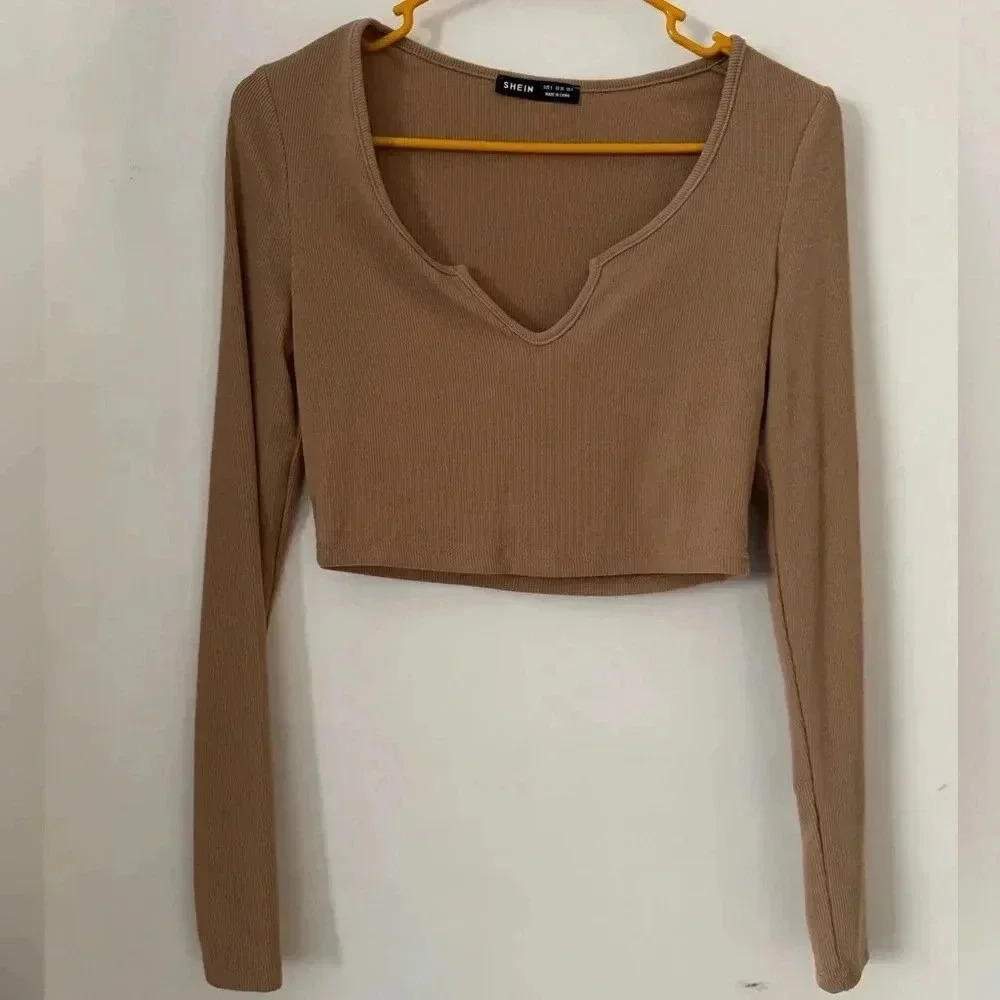 SHEIN Light Brown Long Sleeve Crop Top - Trendy & Comfortable